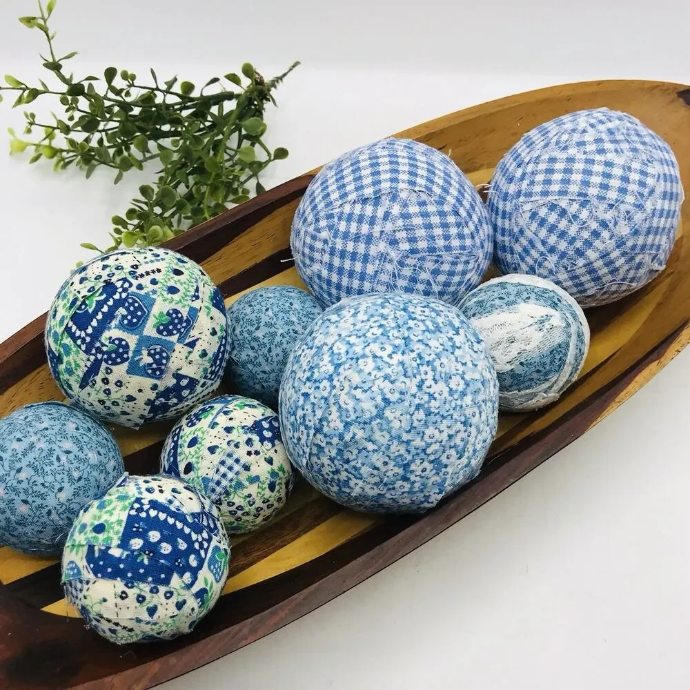 of 9 Blue Styrofoam Fabric Covered Balls Handmade Cottage Balls Only NO DISH